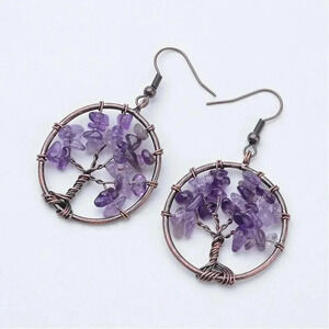 Rustic Antique Copper Amethyst Tree of Life Gemstone Beads Dangle Earrings